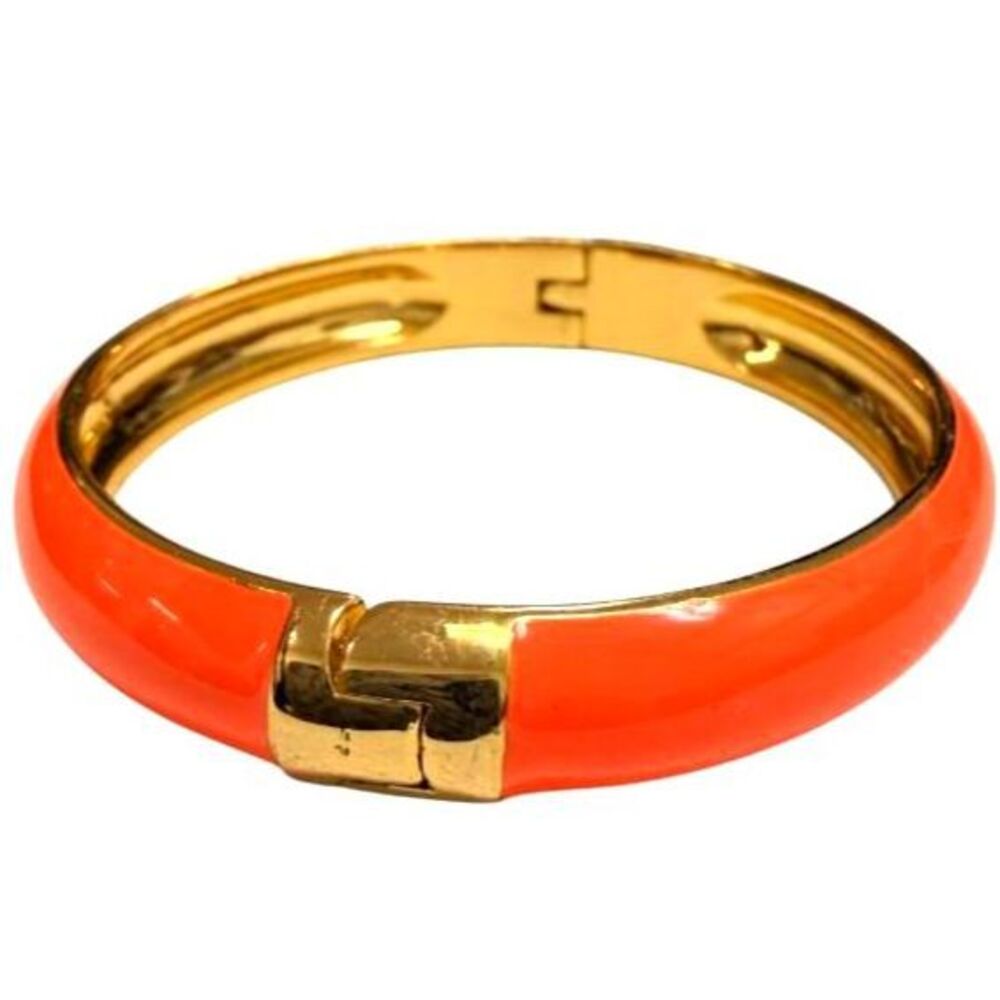 J. Crew Glossy Neon Coral Orange Enamel Bangle Gold Tone Dome Hinged Cuff